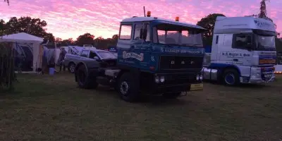 Trucks in sunset.